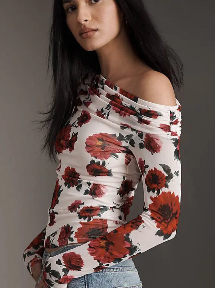 AFRM Barry Off The Shoulder Top in Ivory Painted Rose