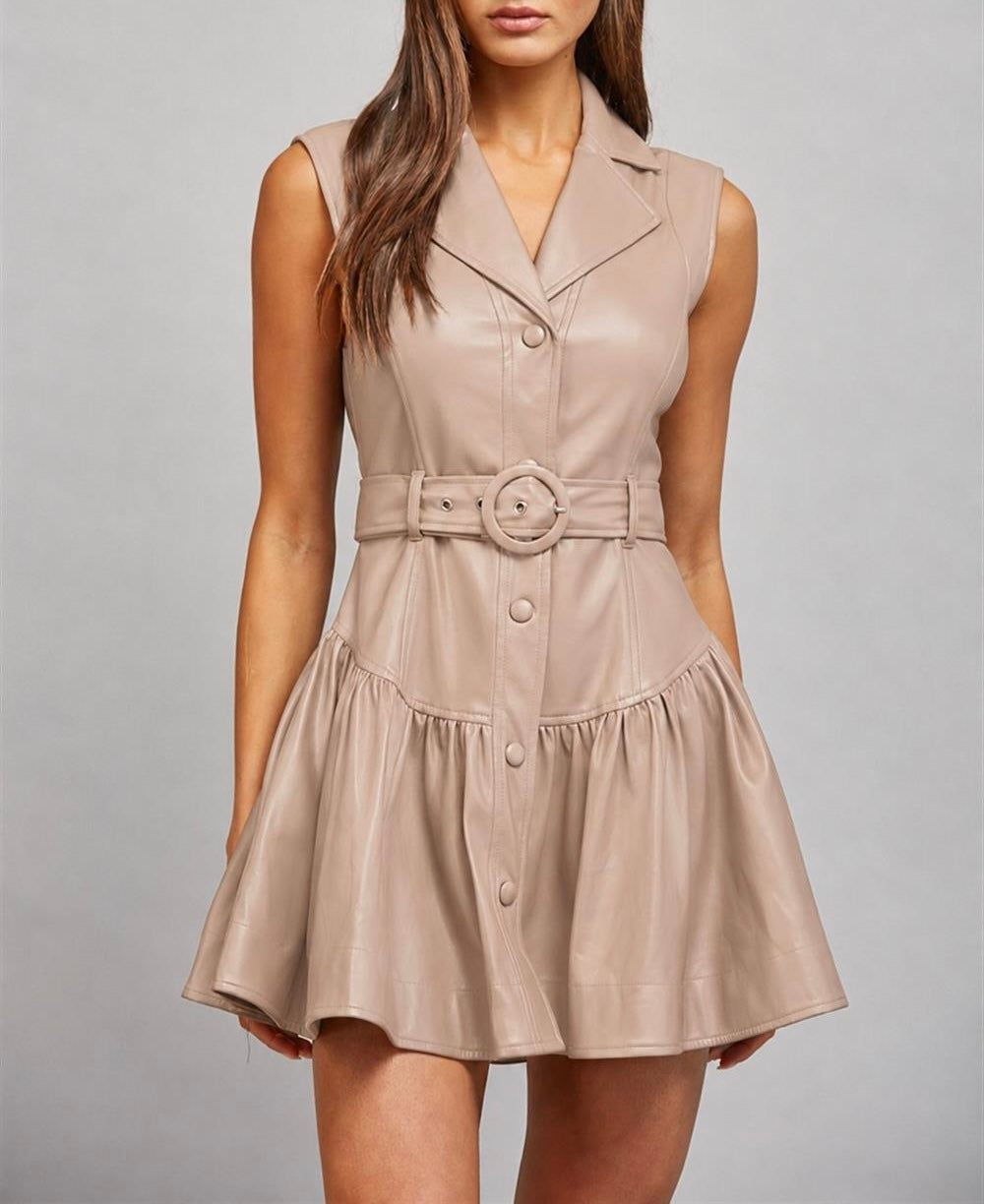 Tucker Faux Leather Belted Dress in Dusty Pink
