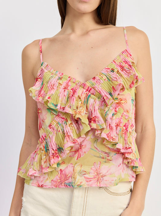 En Saison Eva Pleat Ruffle Cami Tank in Yellow Fuchsia