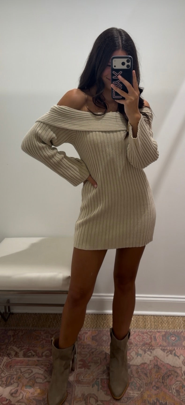 Tilly Off The Shoulder Sweater Dress in Oatmeal