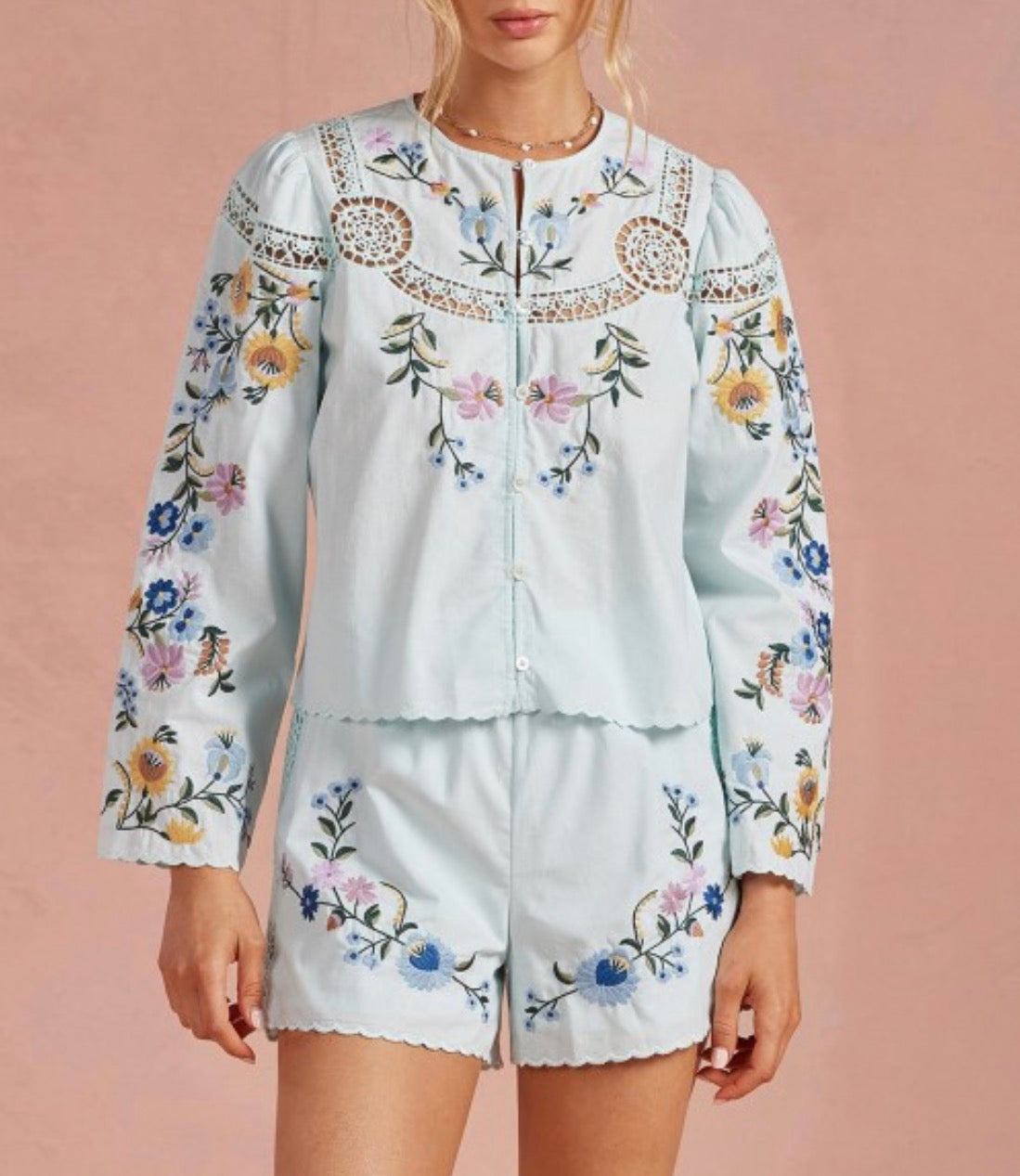 Jill Embroidered Top & Short Set in Light Sky Blue