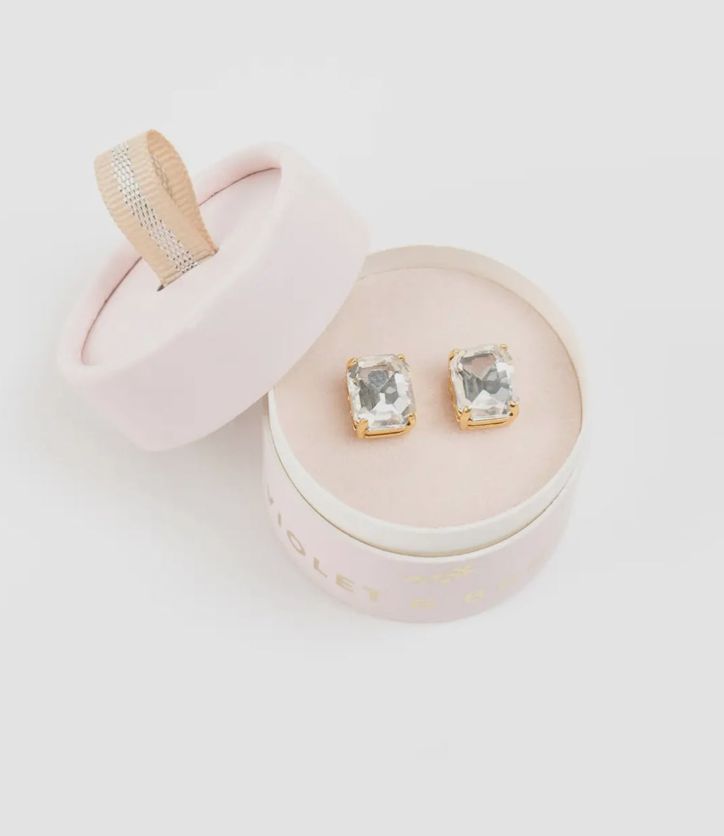 Everlyn Emerald Cut Crystal Post Earrings in Crystal