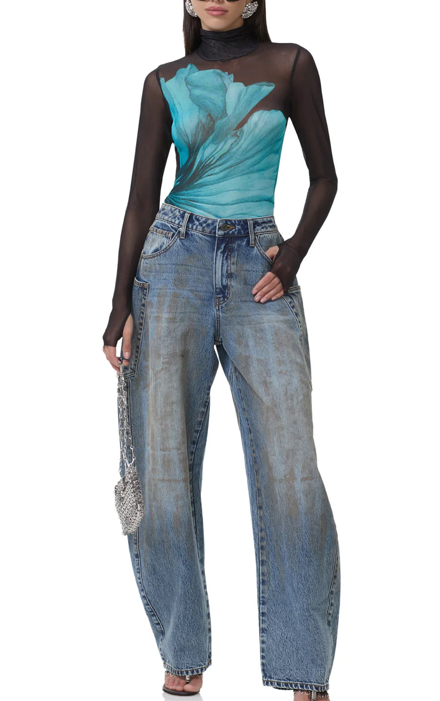 AFRM Zadie Longsleeve Turtleneck Top in Teal Flower