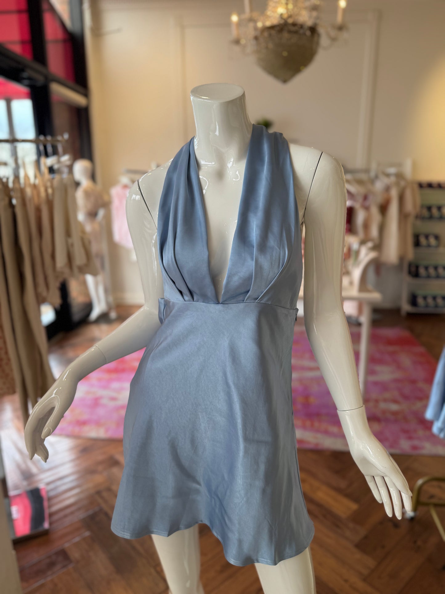 Willson Halter V Neck Mini Dress in Baby Blue