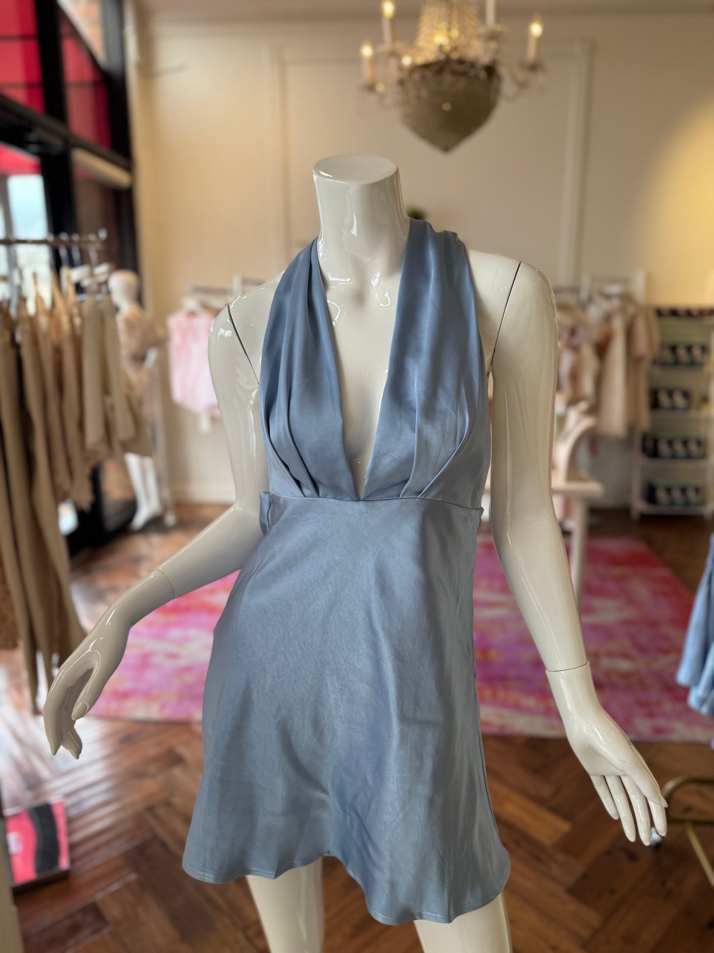 Willson Halter V Neck Mini Dress in Baby Blue