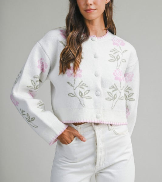 Tess Floral Jacquard Button Down Knit Cardigan