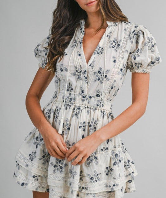 Terri Floral Embroidered Mini Dress in Navy
