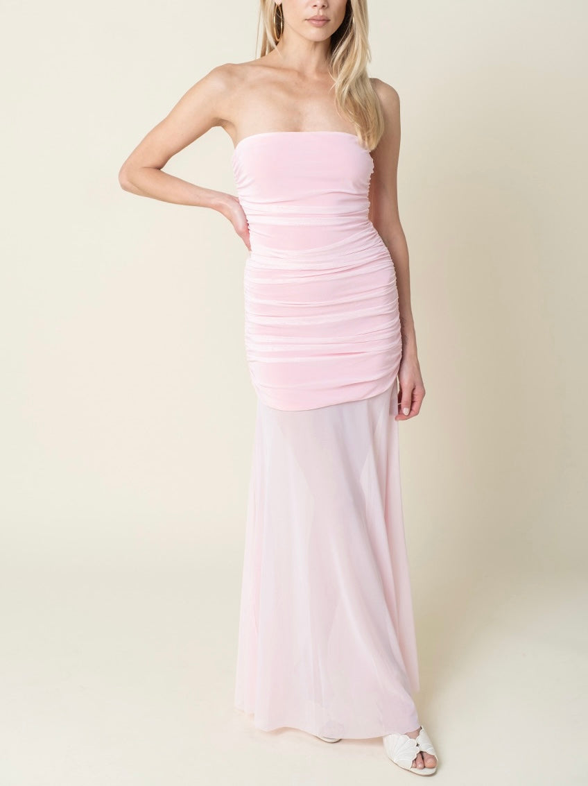 Bryn Strapless Mesh Maxi Dress in Pink