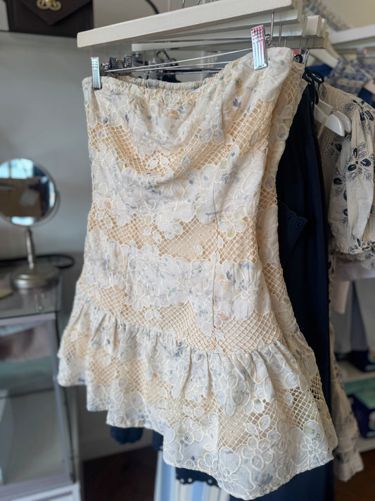 Tessie Strapless Embroidered Mini Dress in Cream