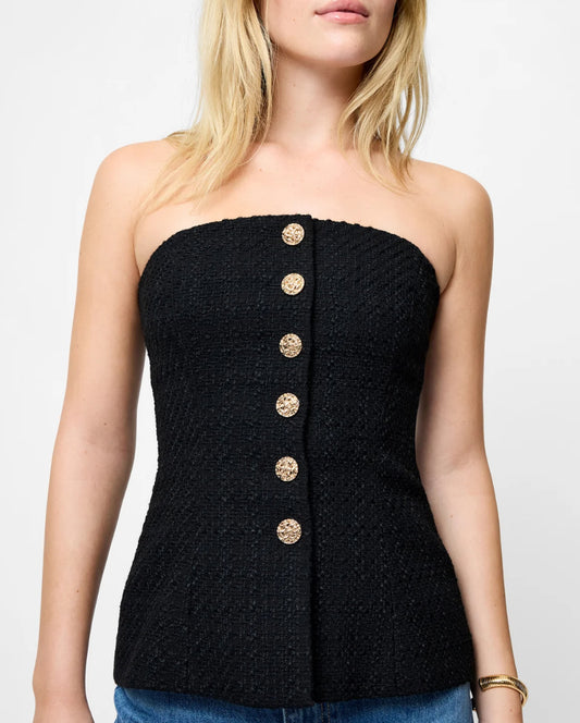 French Connection Structured Tweed Strapless Top in Black