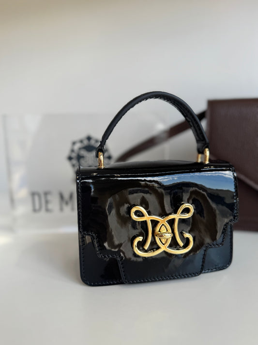 De Marquet Mini Box Purse in Patent Black