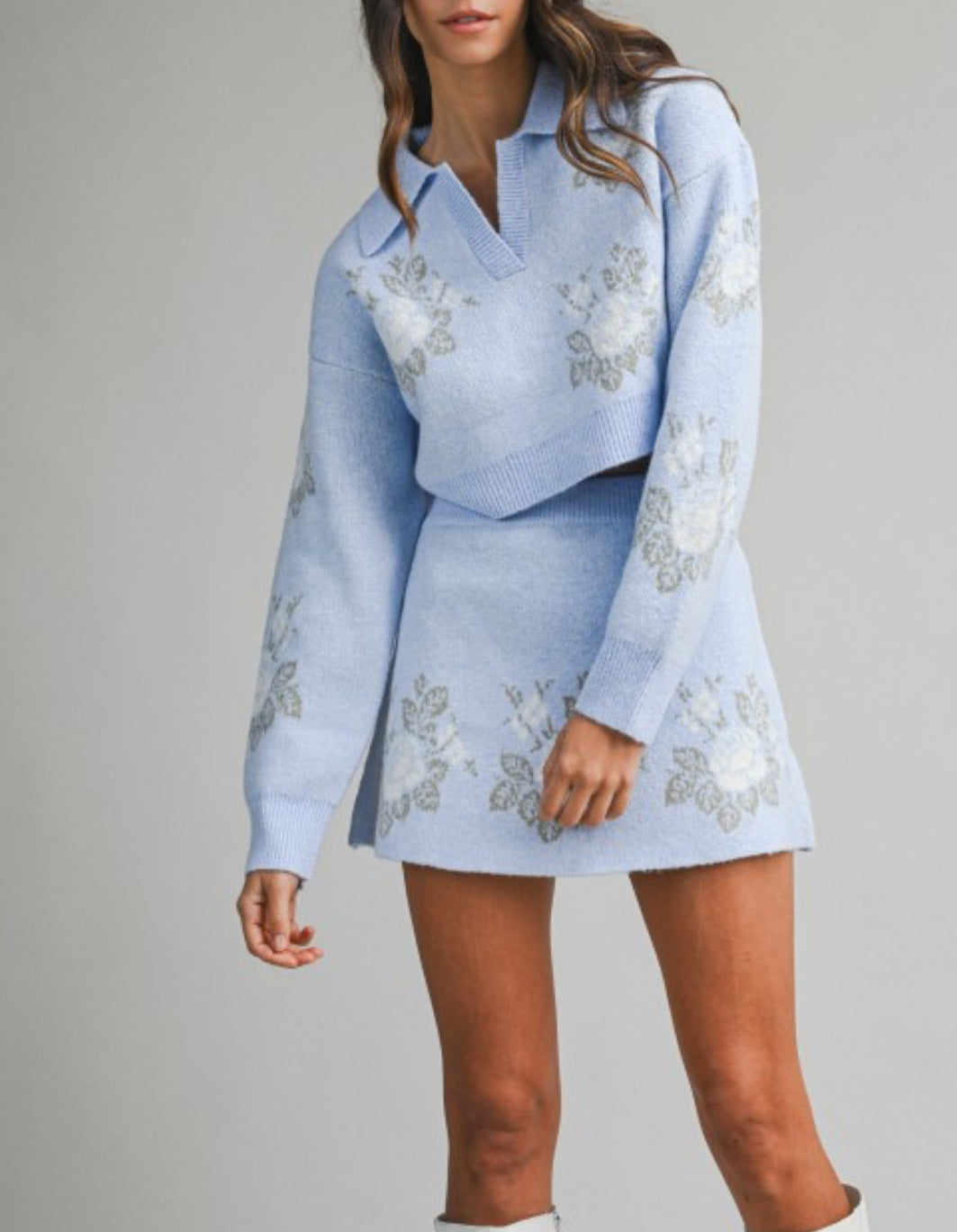 Percy Floral Jacquard Crop Sweater & Skirt Set