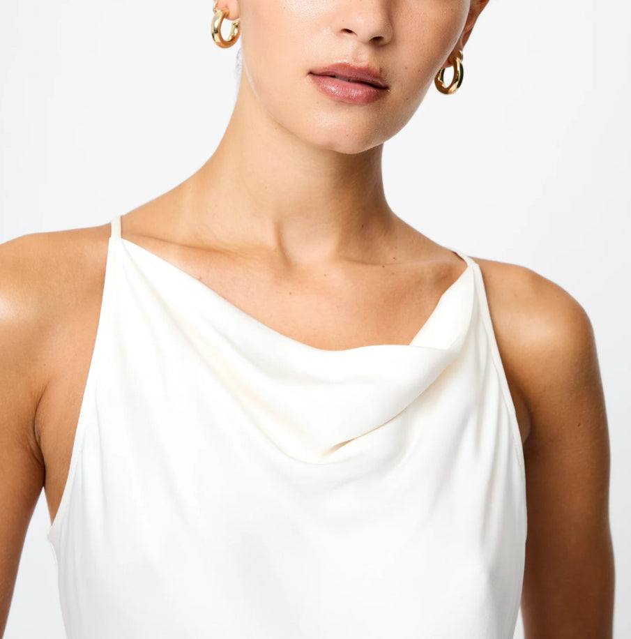 French Connection Ennis Satin Cowl Neck Top in Porcelain Cream