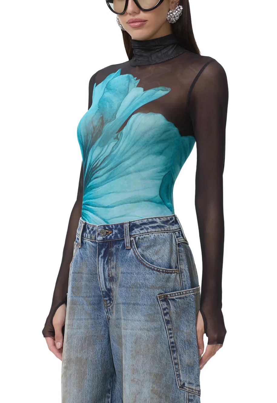 AFRM Zadie Longsleeve Turtleneck Top in Teal Flower