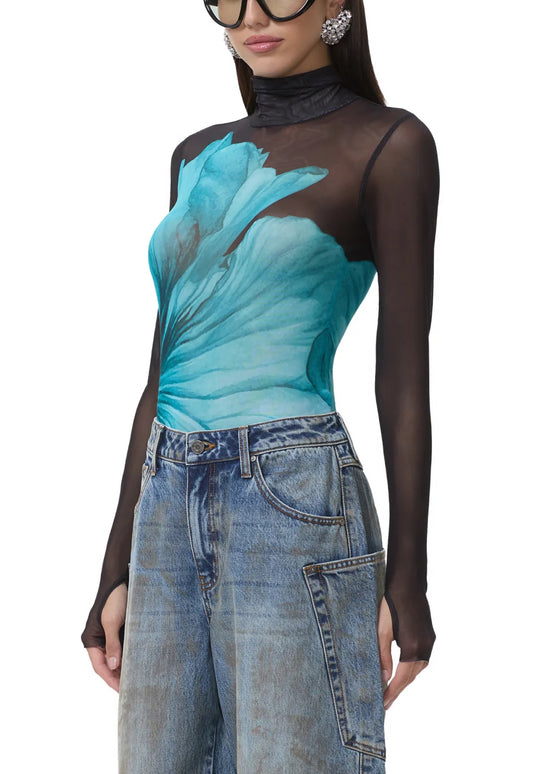 AFRM Zadie Longsleeve Turtleneck Top in Teal Flower