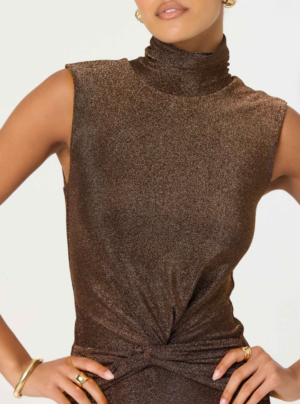 ASTR Riana Twist Front Dress in Brown Metallic