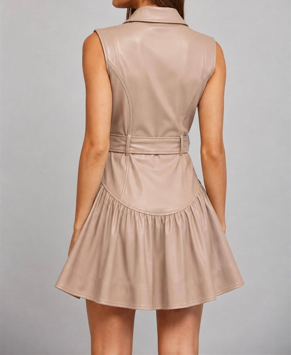 Tucker Faux Leather Belted Dress in Dusty Pink