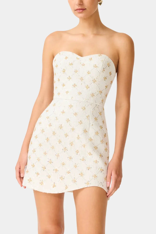 Elliatt Liore Curved Hem Mini Dress in Cream Multi