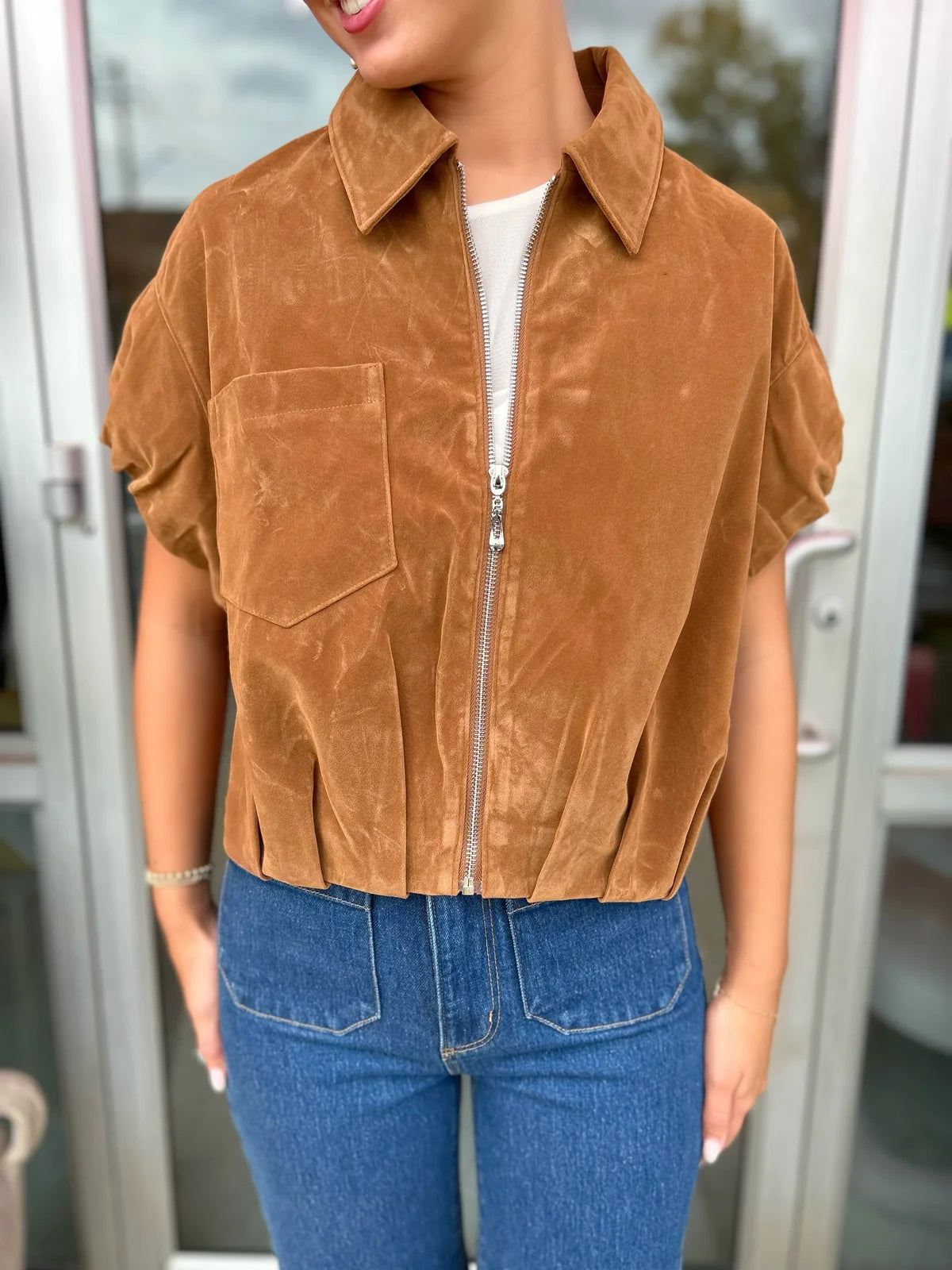 Hailey Sleeveless Suede Zip Up Jacket in Brown