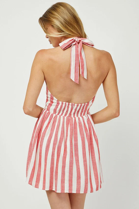 Jenna Linen Halter Stripe Mini Dress in Red