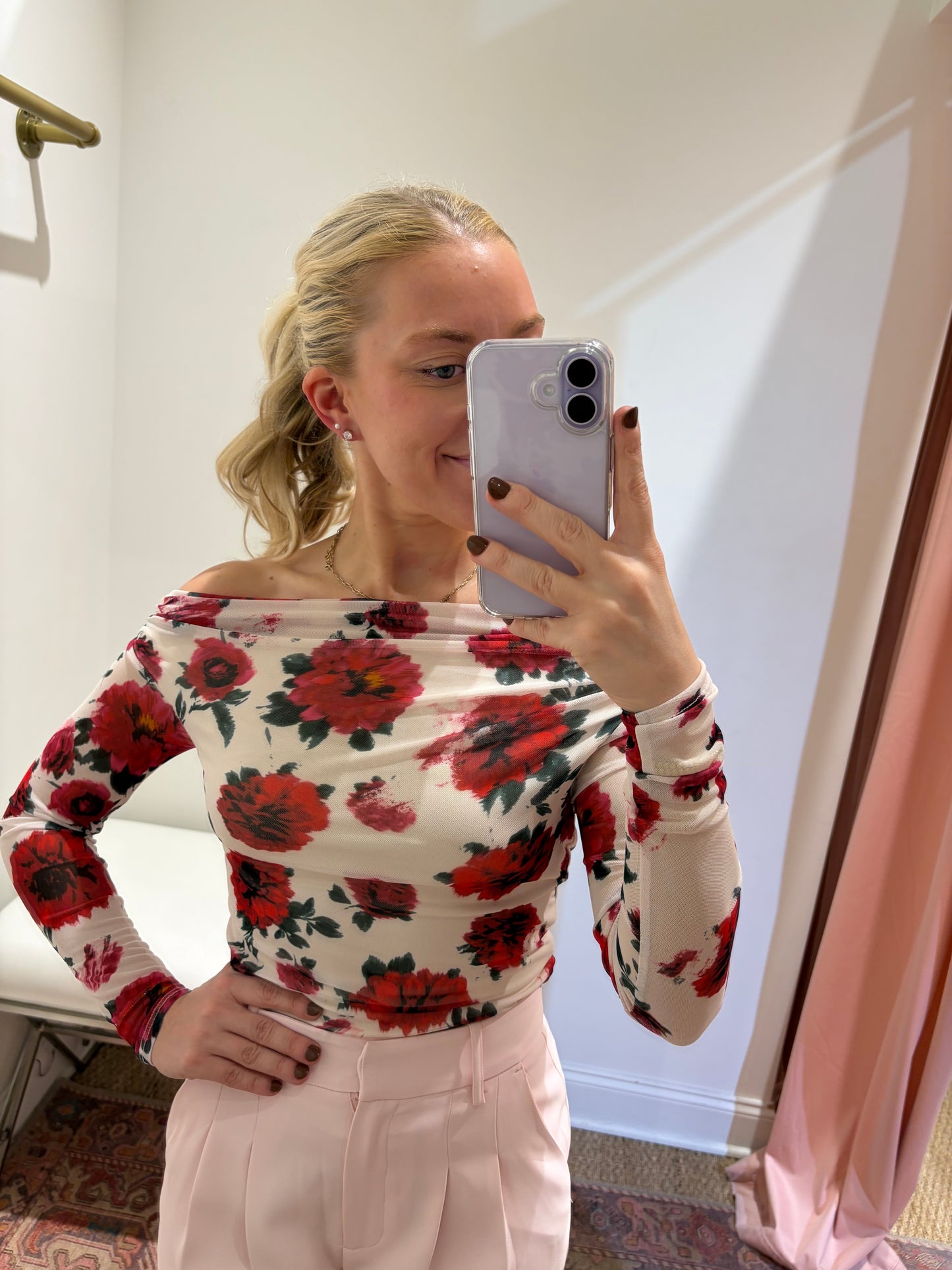 AFRM Barry Off The Shoulder Top in Ivory Painted Rose