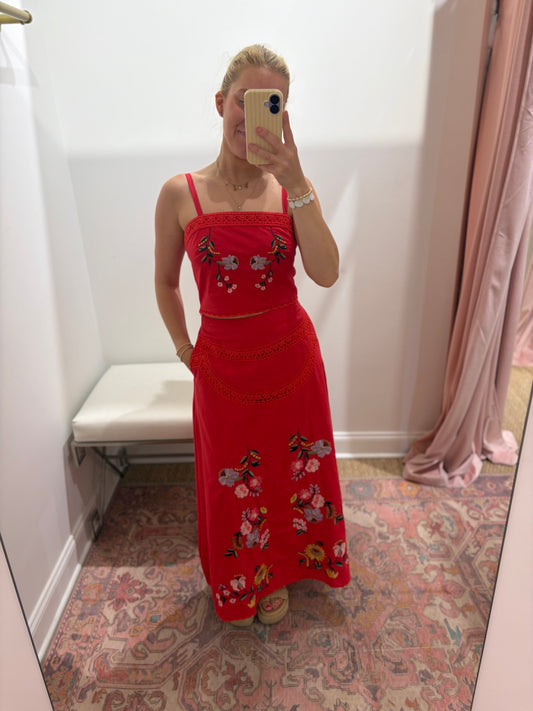 Pierce Embrodiered Top & Midi Skirt Set in Red