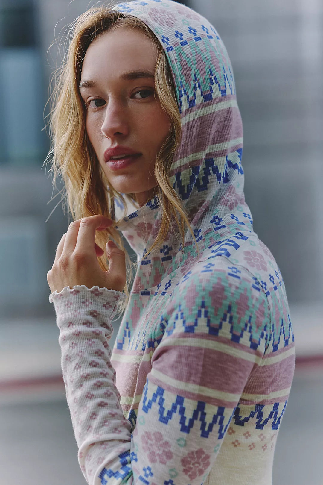FP Movement Printed Breathe Easy Long Sleeve Layer in Plaid Fairisle Titan