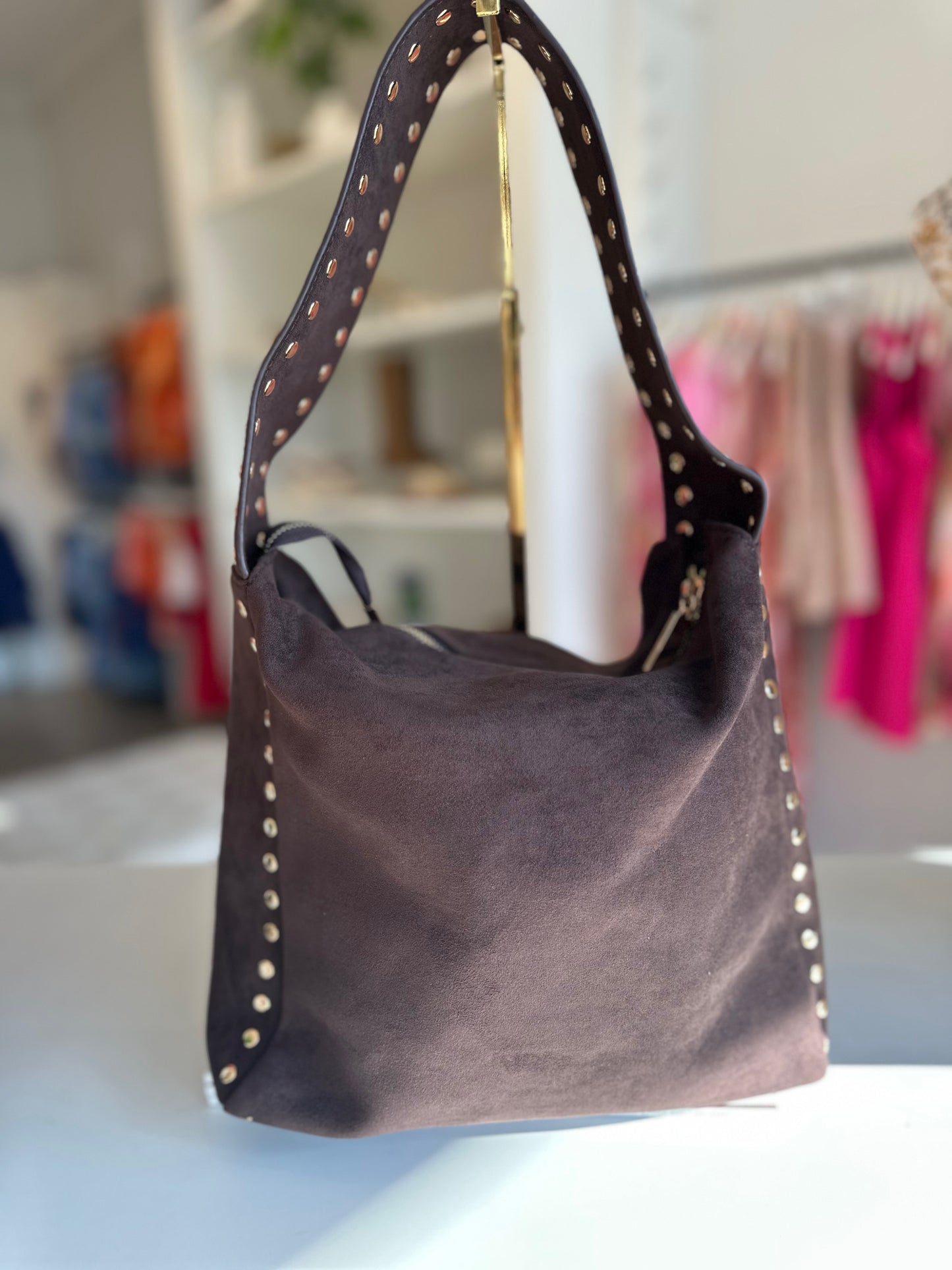 Remi & Reid Pascal Studded Shoulder Bag in Chocolate Suede