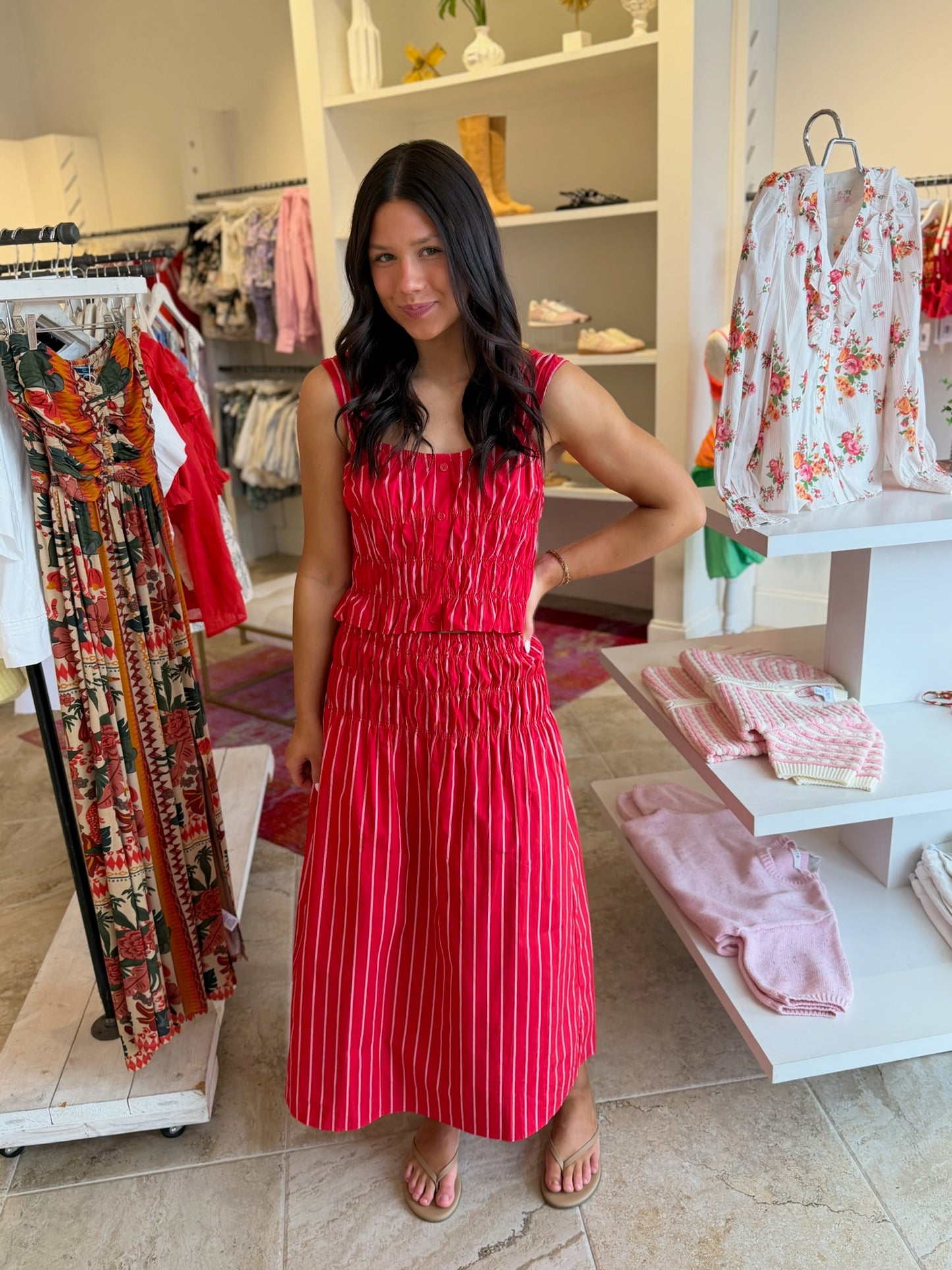 Tuscany Stripe Top & Skirt Set in Red