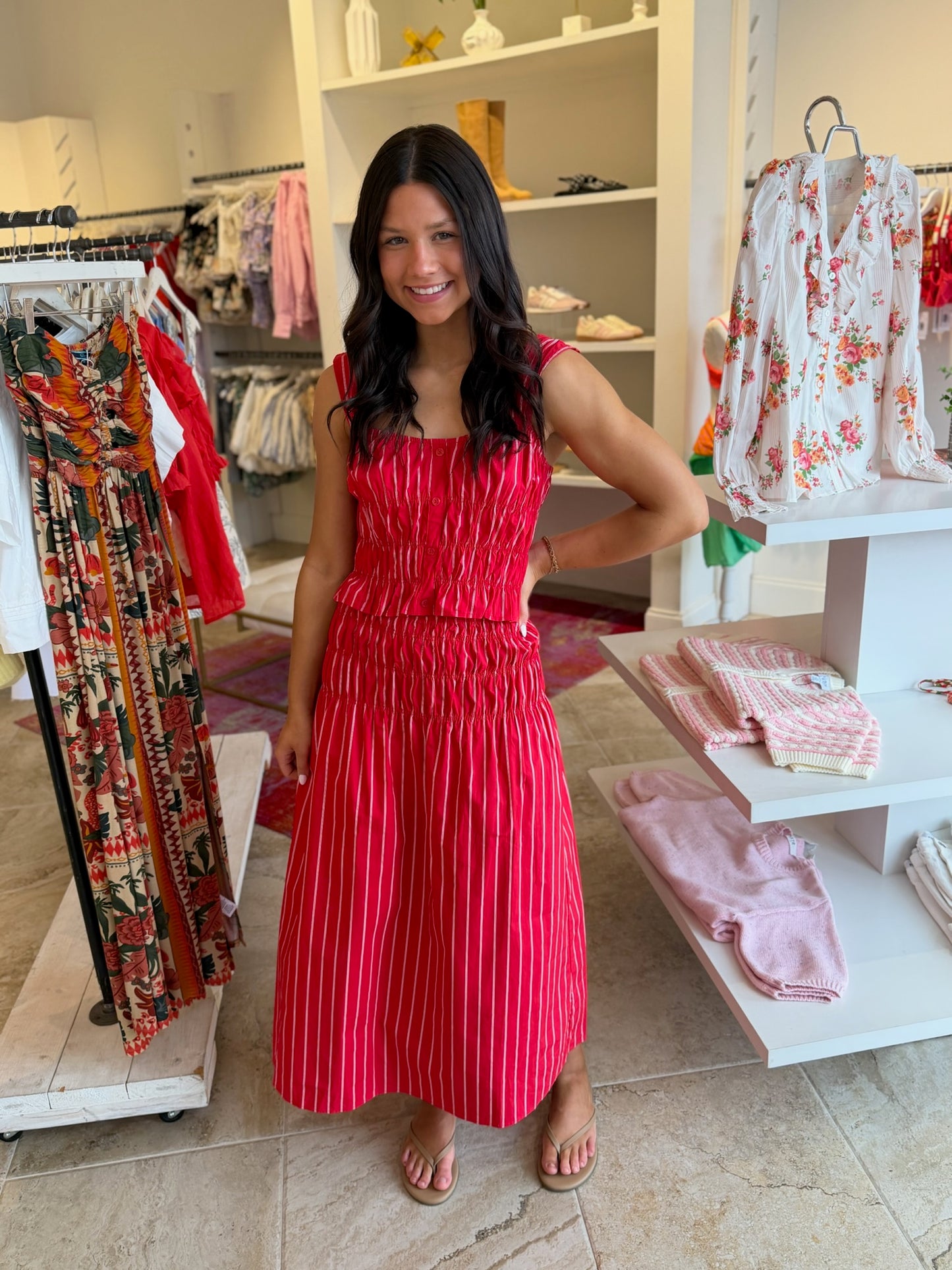 Tuscany Stripe Top & Skirt Set in Red
