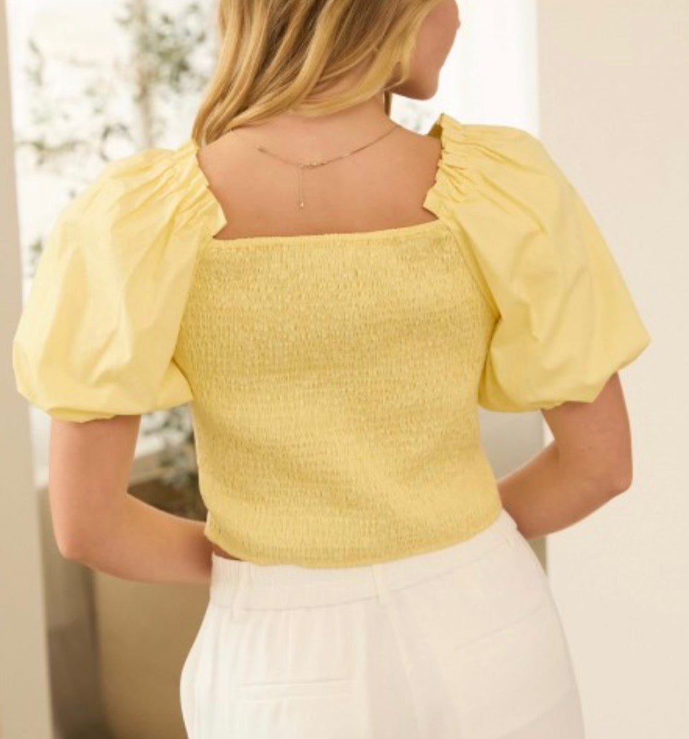 Bibi Bubble V Neck Top in Butter Yellow