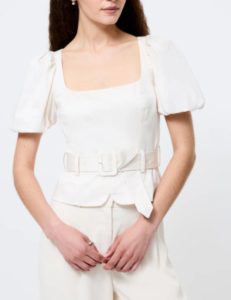 French Connection Sateen Weave Puff Sleeve Top in Cream
