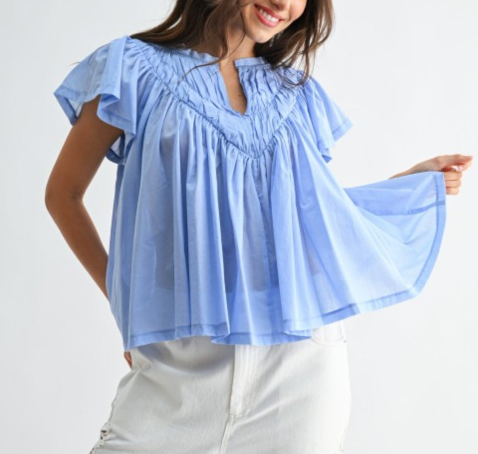 Phoebe Flutter Sleeve Blouse in Light Blue