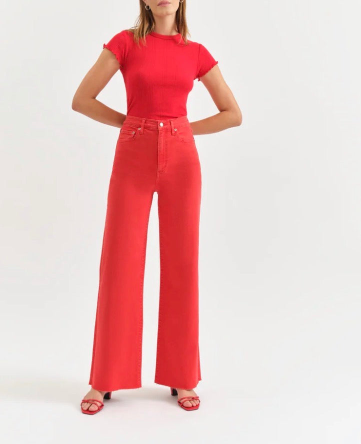 Daze Far Out High Rise Wide Leg Denim in Cherry