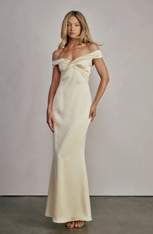 Katie May Liu Knotted Off Shoulder Gown in Butter Yellow