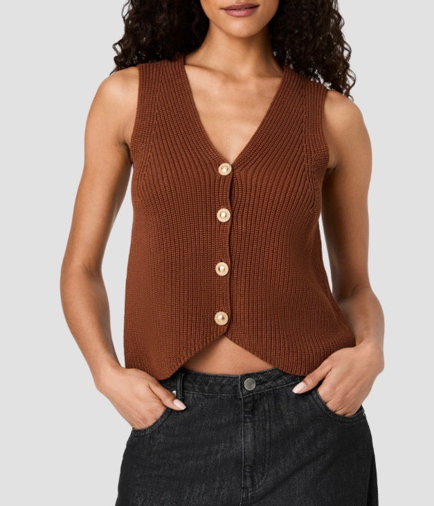 French Connection Mozart Vneck Rib Vest in Chestnut Brown
