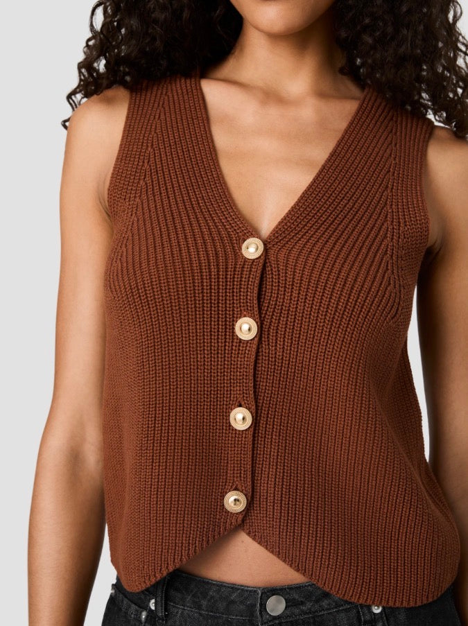 French Connection Mozart Vneck Rib Vest in Chestnut Brown
