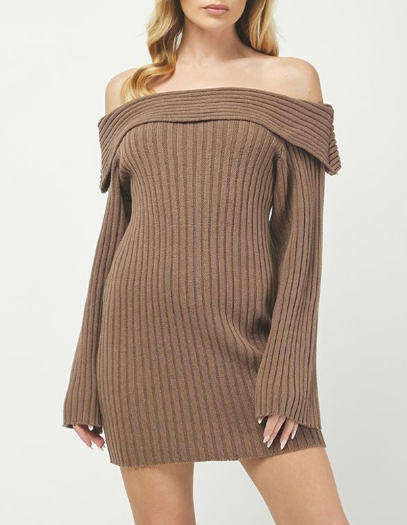 Tilly Off The Shoulder Sweater Dress in Brown