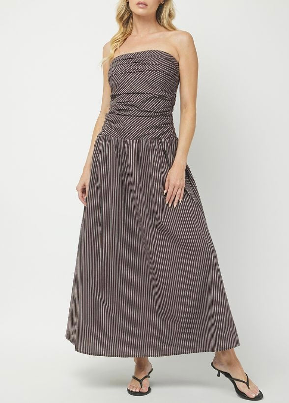Rome Strapless Striped Midi Dress in Brown