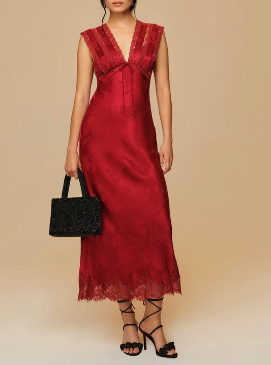 For Love & Lemons Adrift Satin Maxi Dress in Red