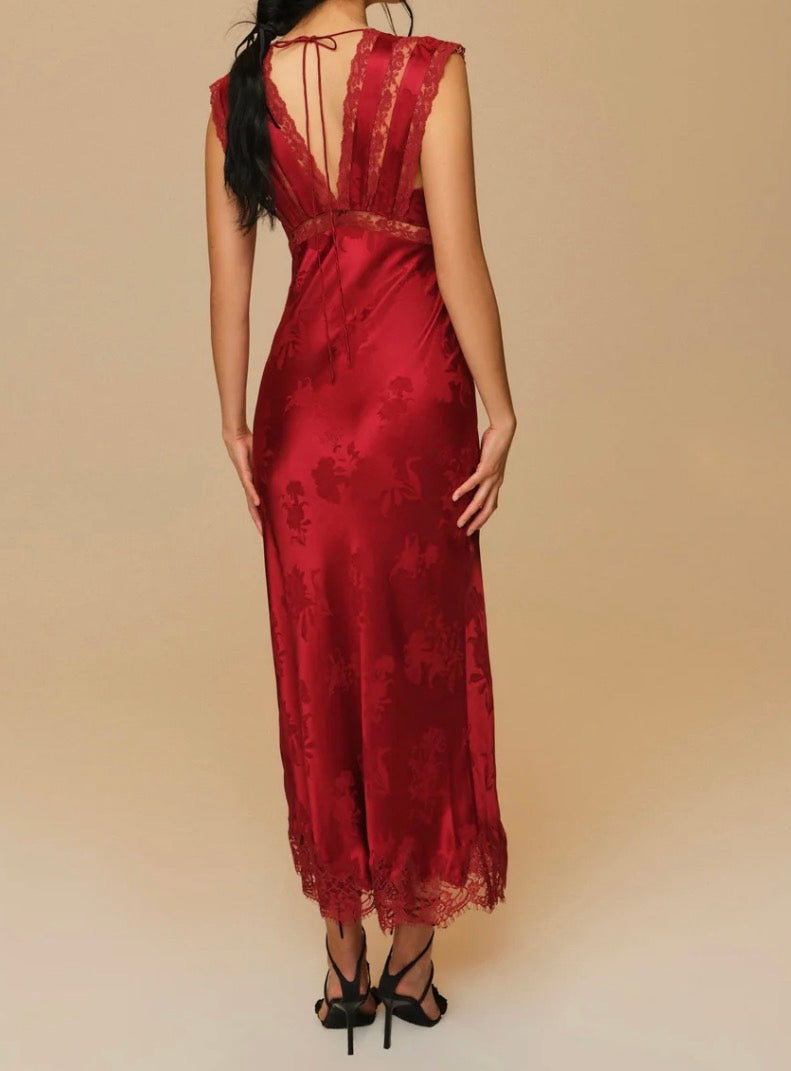 For Love & Lemons Adrift Satin Maxi Dress in Red