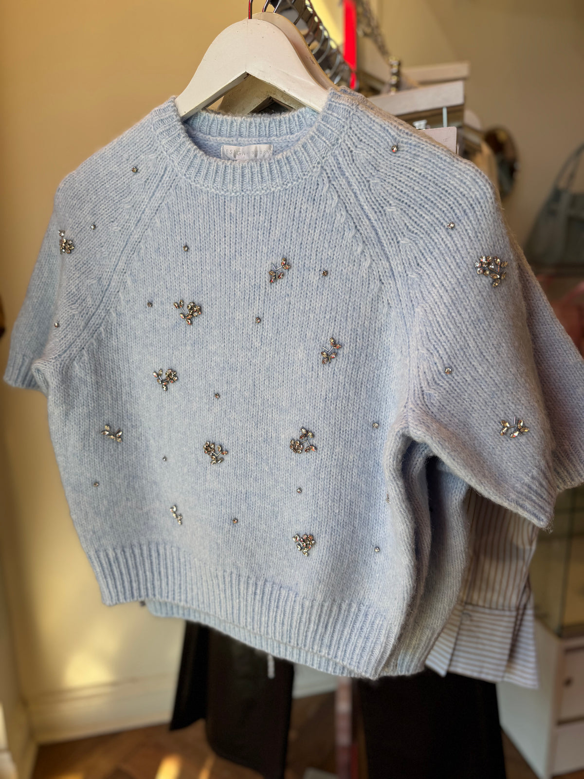 Design History Emb Short Sleeve Sweater in Frost Bite